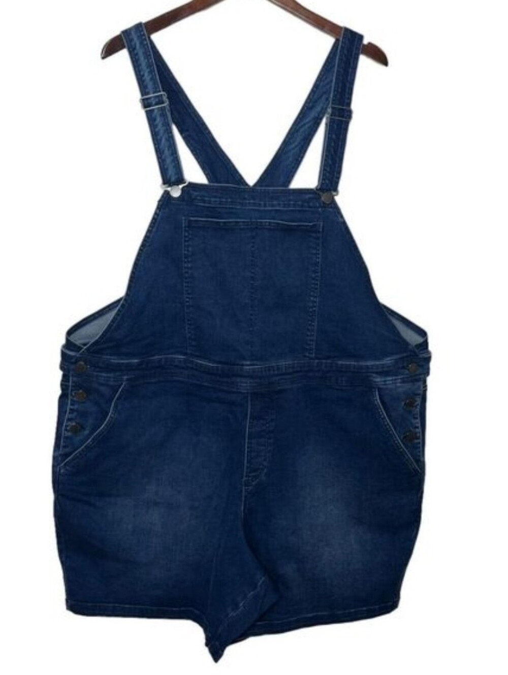 Universal Standard Denim Shortall Bibbed Short Overall Dark Wash Pockets Sz S 14